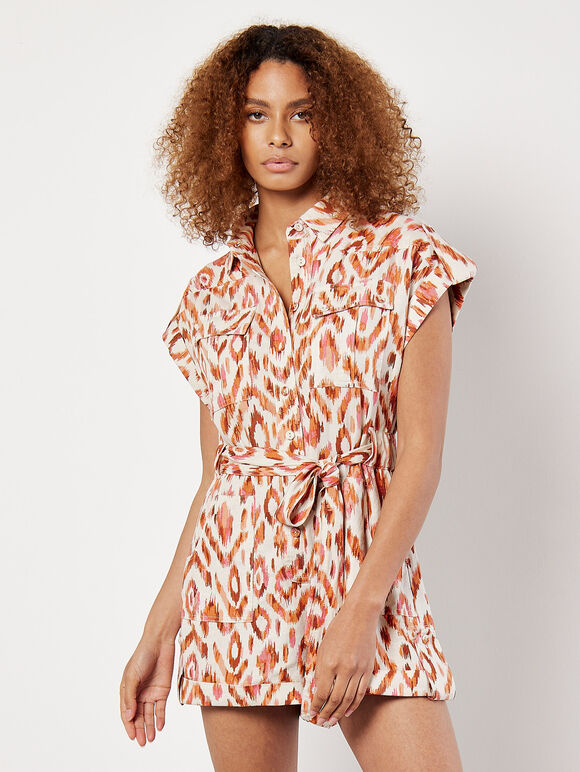 Ikat Print Utility Jumpsuit, Orange, large