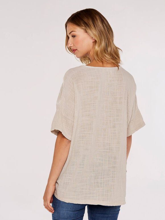 Flower Stitch  Ruched Top, Stone, large