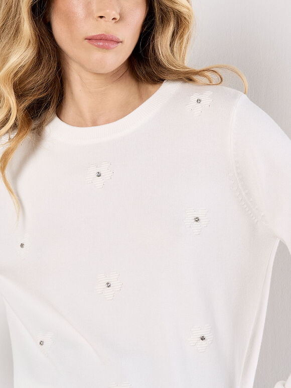 Diamante Daisy Jumper, White, large