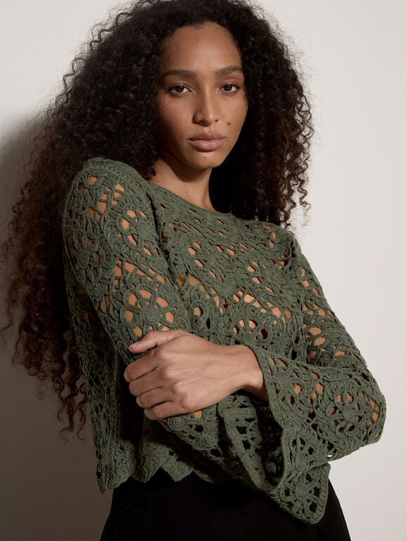 Boho Floral Crochet Top, Khaki, large