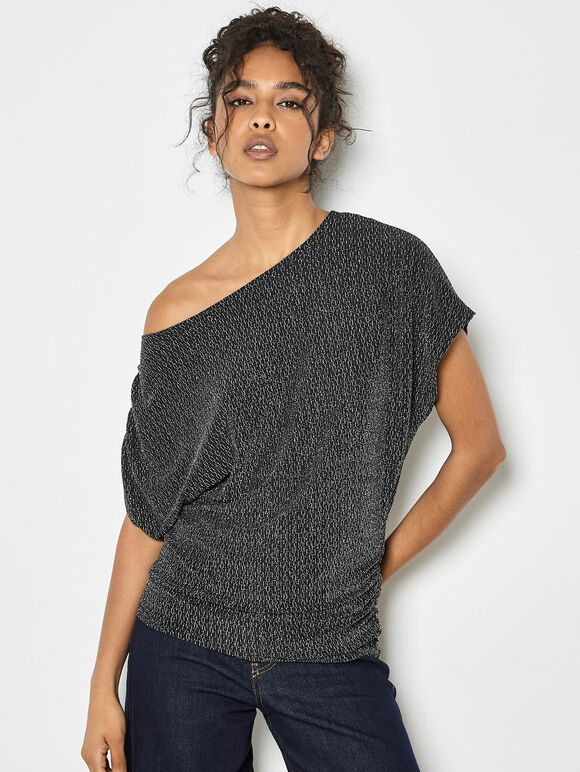 One-Shoulder Asymmetric Sparkle Top, Black, large