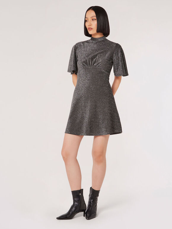 Metallic Sparkle Skater Mini Dress, Silver, large