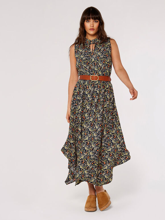 Floral Hanky Hem Midi Dress, Orange, large