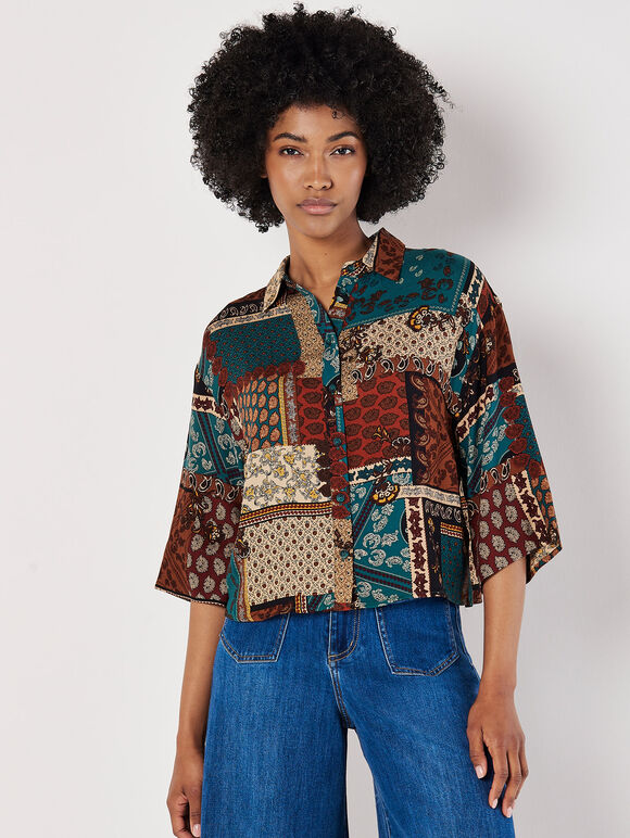 Patchwork Paisley Boxy Shirt, Rust, large