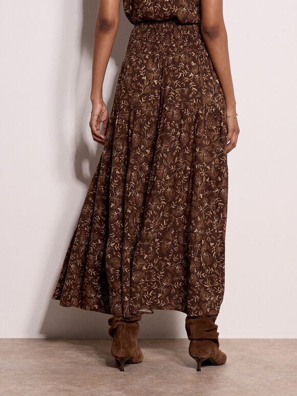 Painterly Paisley Tiered Maxi Skirt, Brown, large
