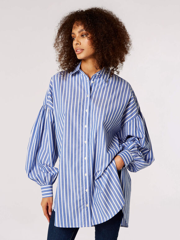 Oversized Stripe Cotton Shirt, Blue, large