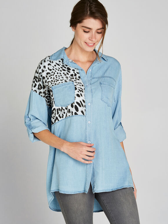 Blue Leopard Print Patchwork Shirt, Blue, large
