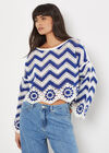 Crochet Chevron Bell Sleeve Top, White, large