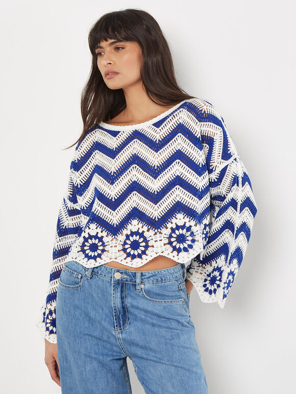 Crochet Chevron Bell Sleeve Top, White, large