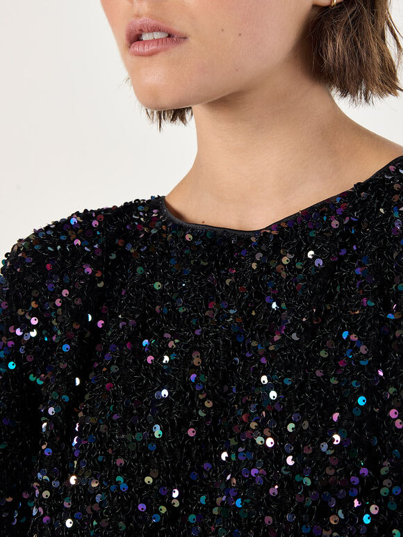 Velvet Sequin V-Back Mini Dress, Black, large