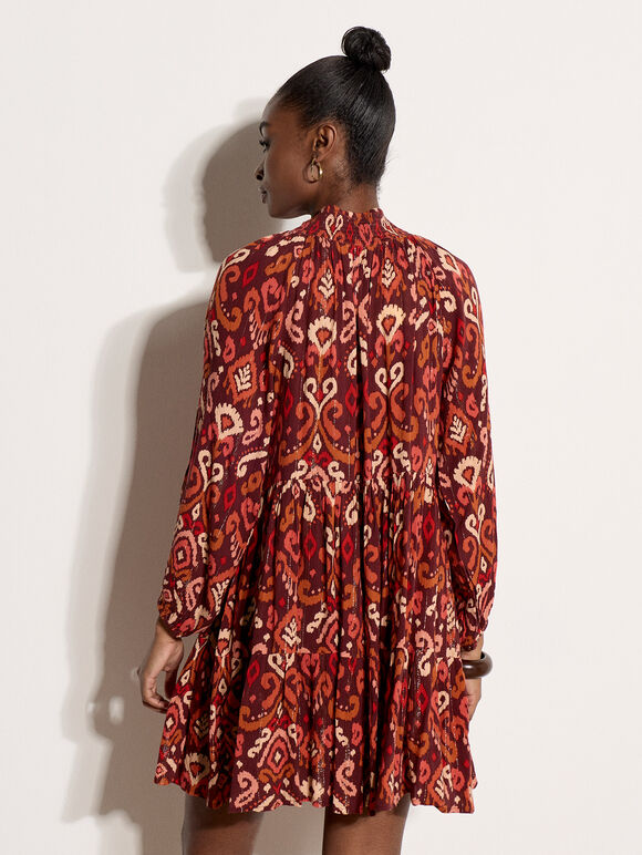 Shimmer Ikat Babydoll Midi Dress, Burgundy, large