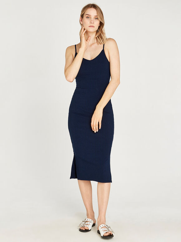 Ribbed Side Split Midi Dress, Navy, large