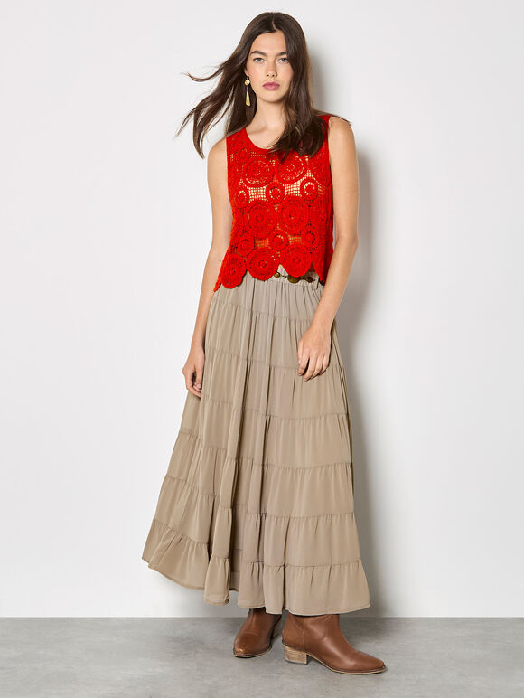 Chiffon Tiered Maxi Skirt, Stone, large