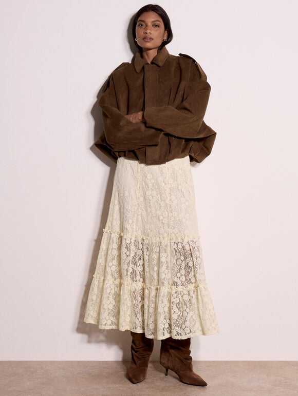Suedette Bubble Hem Batwing Jacket, Brown, large