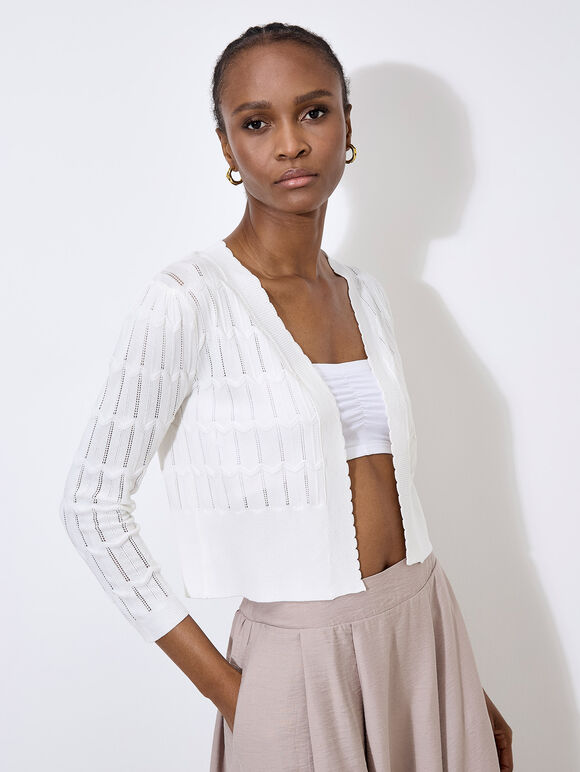 Pointelle Chevron Knit Shrug, Cream, large