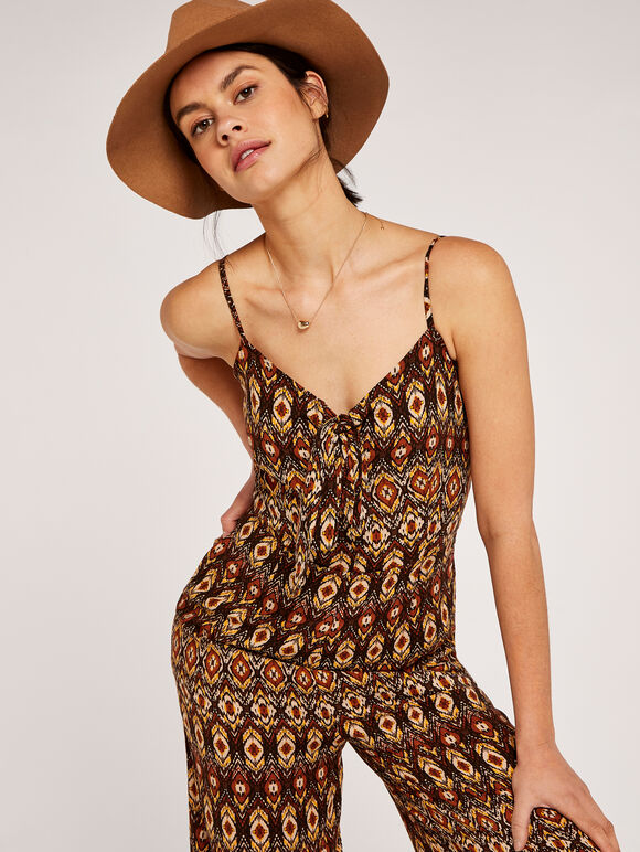Tie Front Tribal Jumpsuit, Rust, large