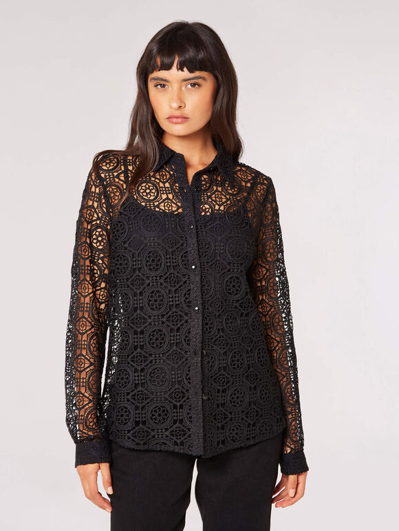 Geometric Guipure Lace Shirt, Black, large