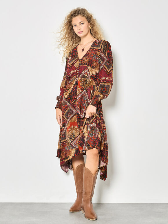 Patchwork Print Hanky Hem Midaxi Dress, Burgundy, large