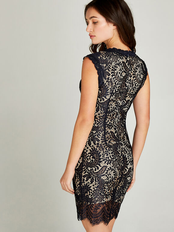 Navy Lace Scallop Bodycon Dress, Navy, large