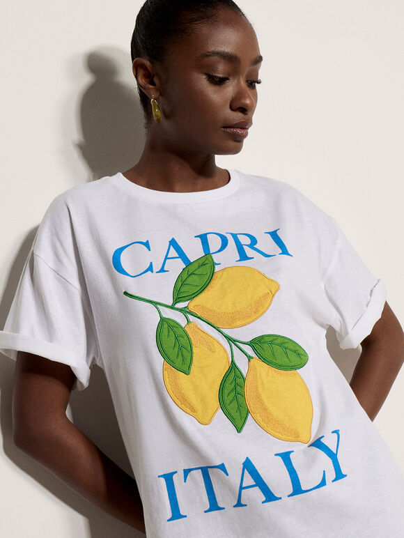Capri Italy Lemon Cotton T-Shirt, White, large
