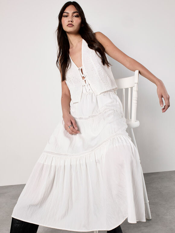 Crochet Lace Tiered Midi Skirt, White, large