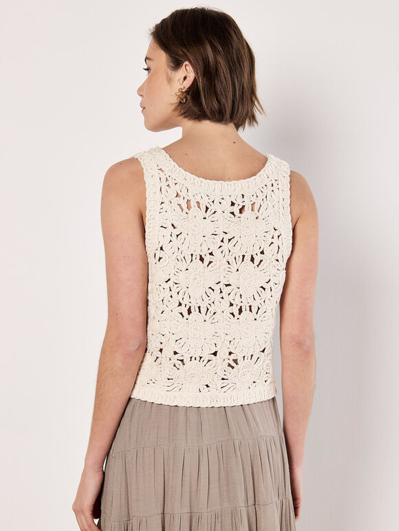 Floral Crochet Tie Front Waistcoat, Cream, large