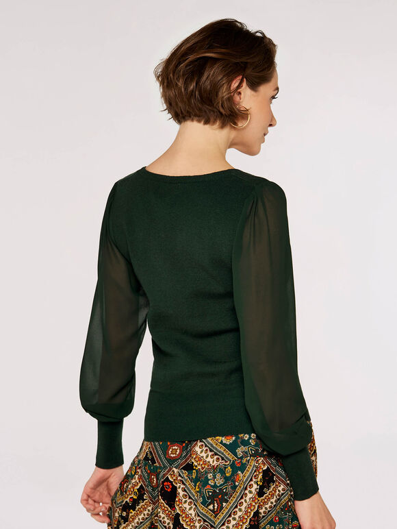 Chiffon Sleeve Knitted Jumper, Green, large