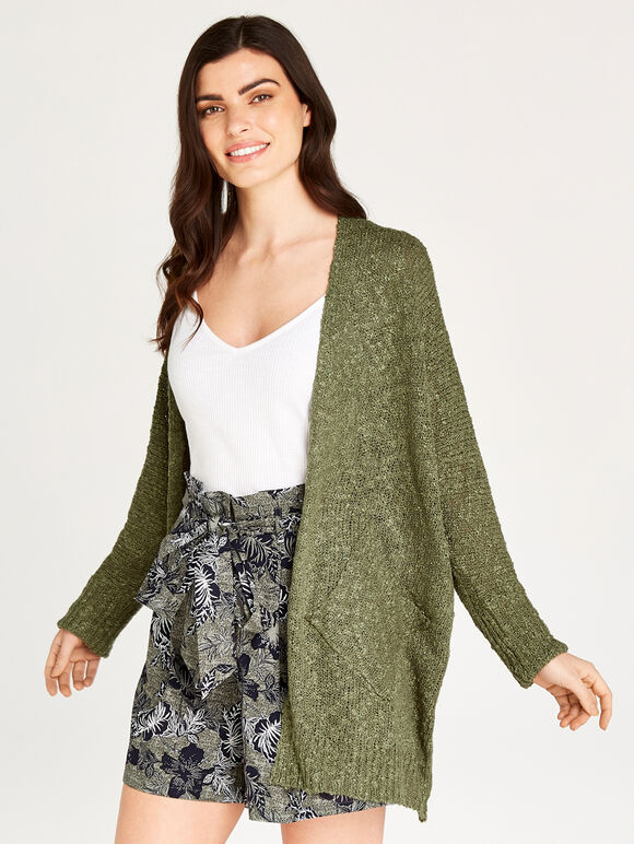 Slub Knit Oversized Cardigan, Khaki, large