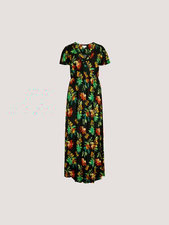 Tropical Print Wrap Maxi Dress, Black, large