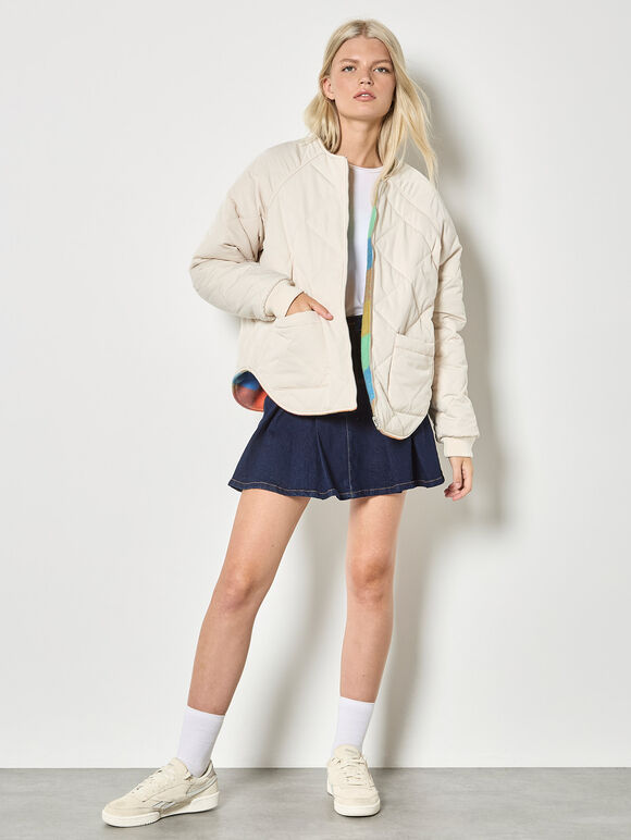 Reversible Check Fleece Quilted Jacket, Stone, large