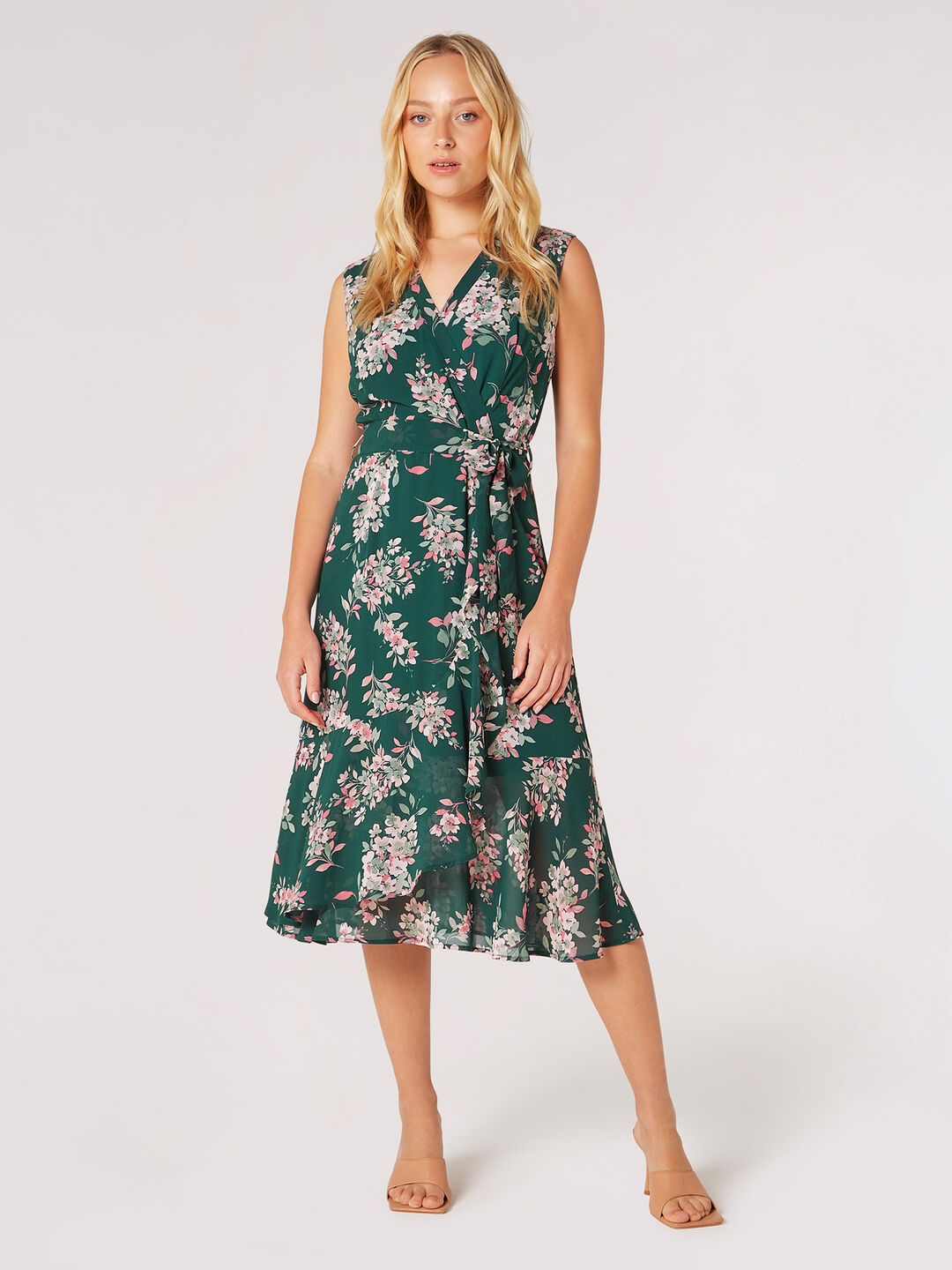 Image of Floral Chiffon Wrap Midi Dress