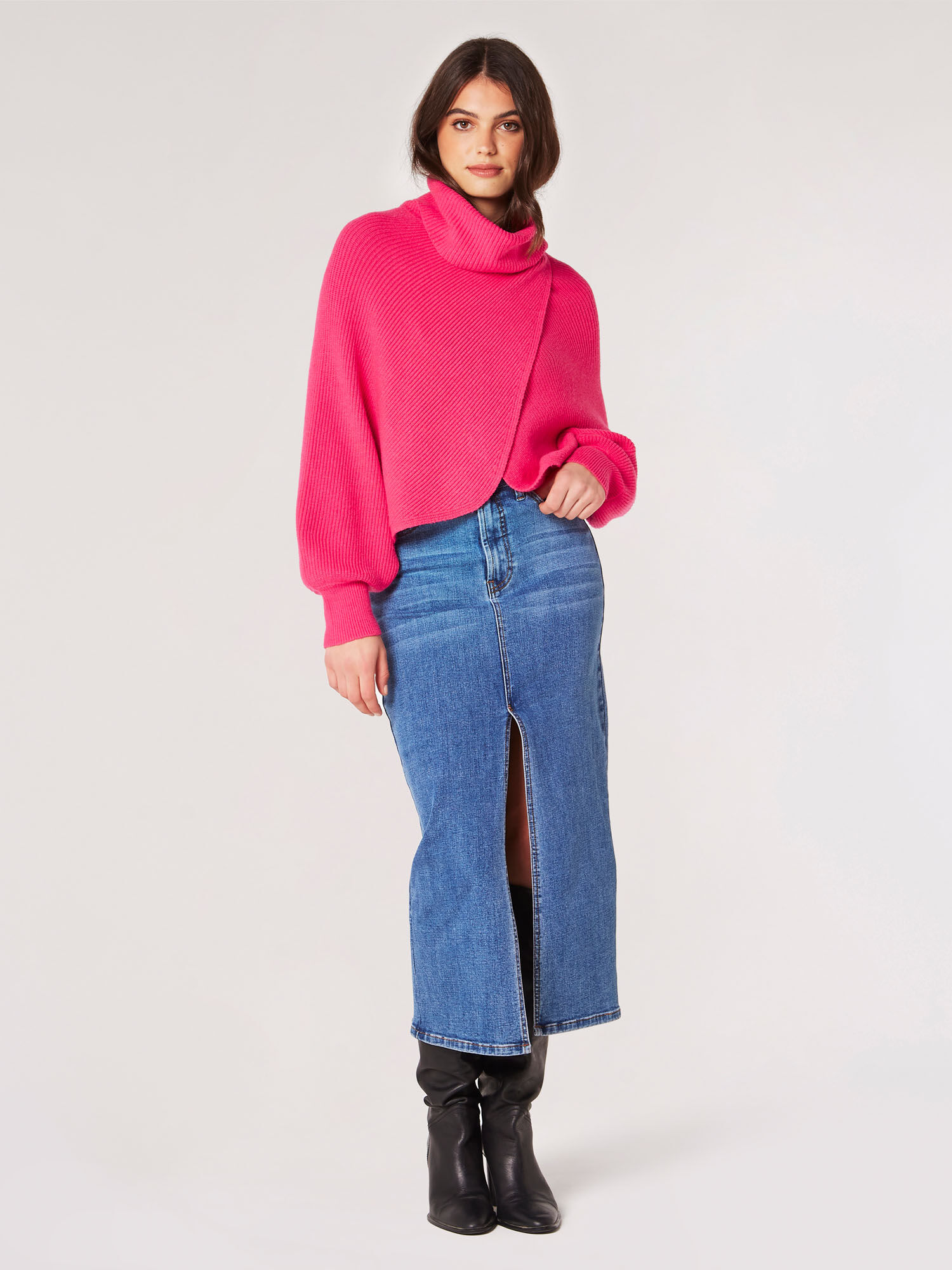 Cowl Neck Ribbed Wrap Jumper Apricot Clothing
