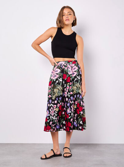Embroidered Floral Mesh Midi Skirt
