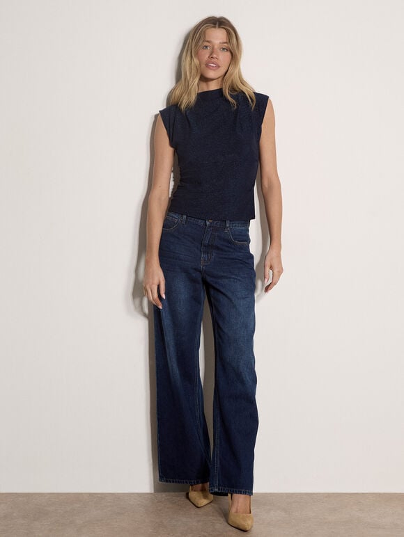 Ruched Shimmer Top, Navy, large