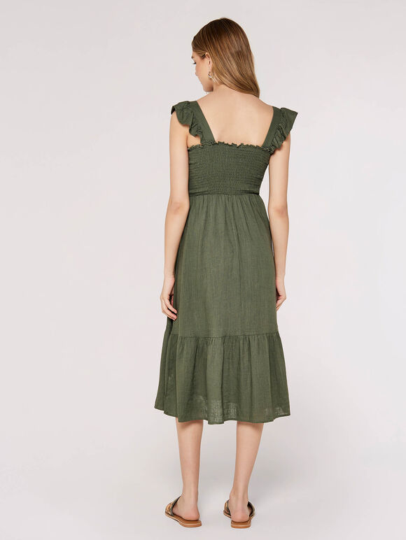 Linen Midi Dress, Khaki, large