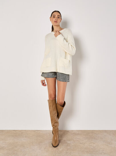 Oversized Boucle Patch Pocket Jumper