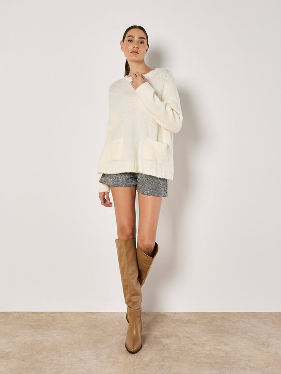 Oversized Boucle Patch Pocket Jumper, Cream, large