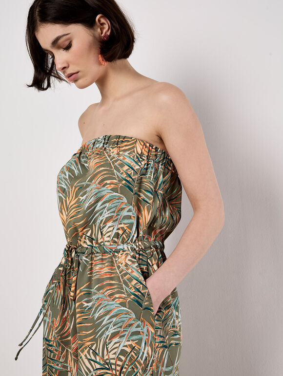 Bandeau Leaf Wide Leg Jumpsuit, Khaki, large
