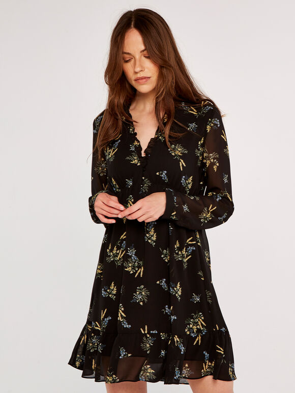 Floral Ruffle Mini Dress, Black, large