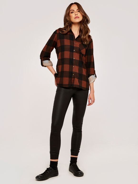 Gingham Fleece Lined Shirt, Rust, large