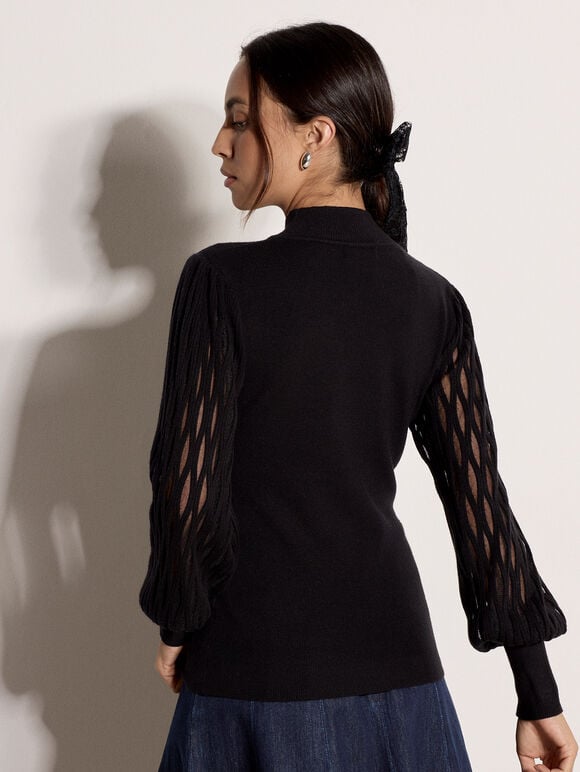 Plait Mesh Sleeve Jumper, Black, large