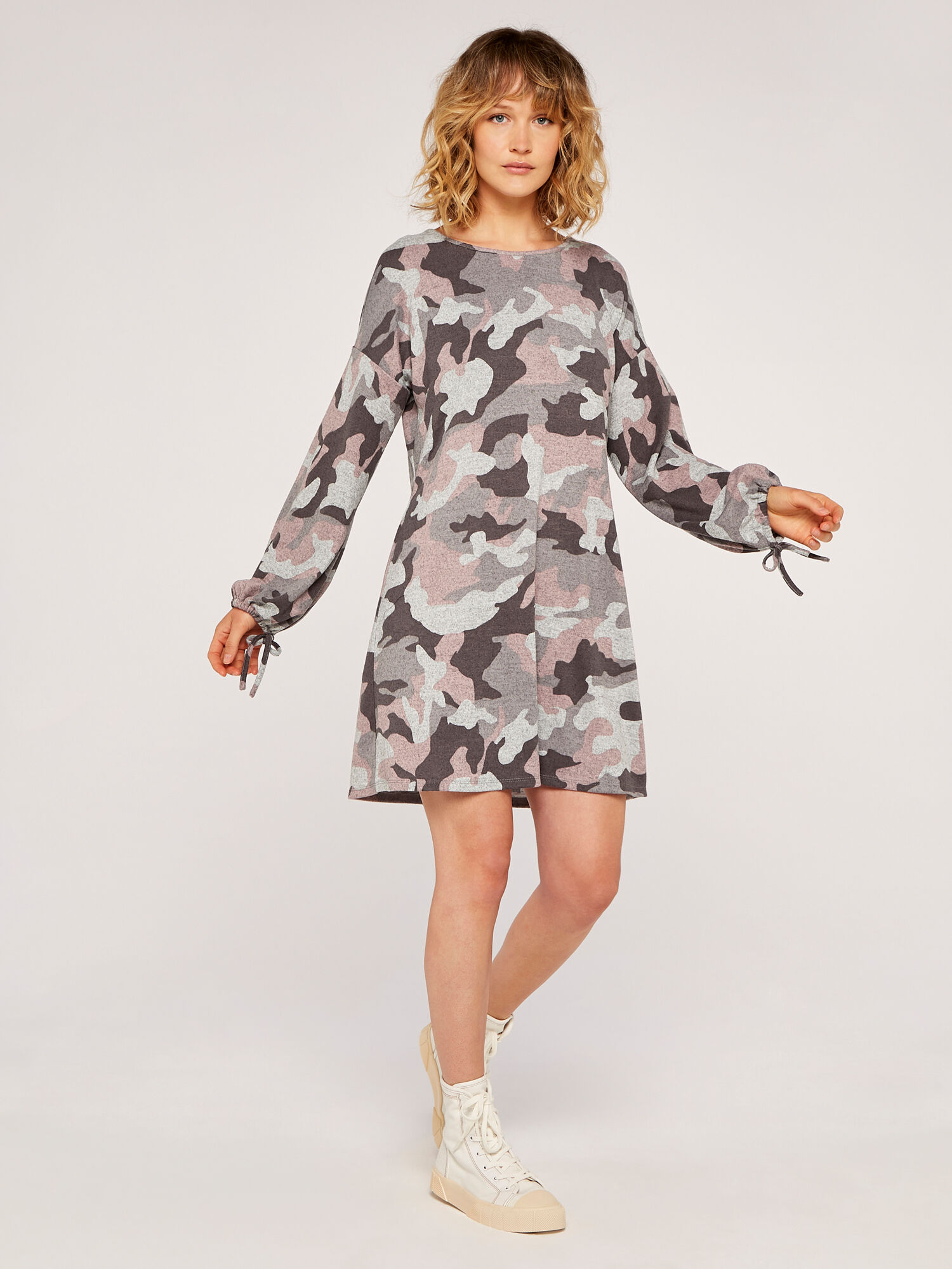 Camo Drawstring Swing Dress Apricot Clothing