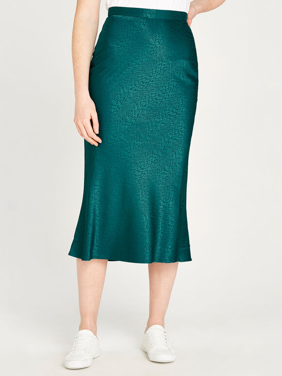 Bias Cut Satin Midi Skirt, Green, large