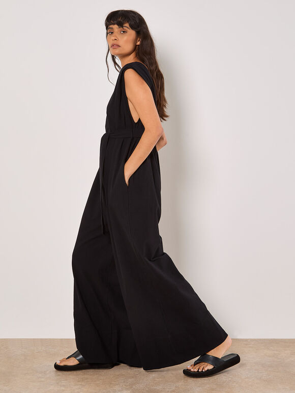 Wide Leg Cotton Jumpsuit, Black, large