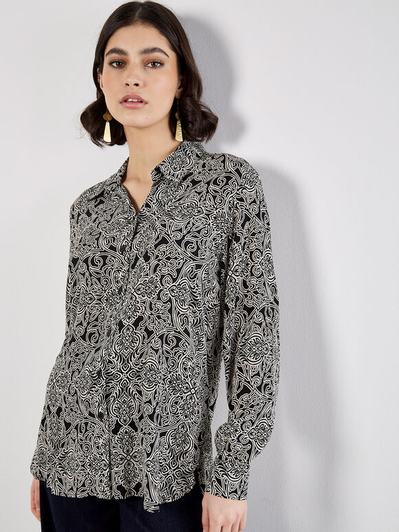 Art Deco Paisley Print Shirt, Black, large
