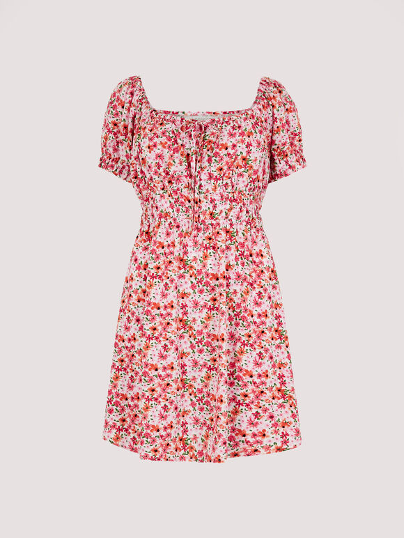 Ditsy Floral Milkmaid Mini Dress, Pink, large