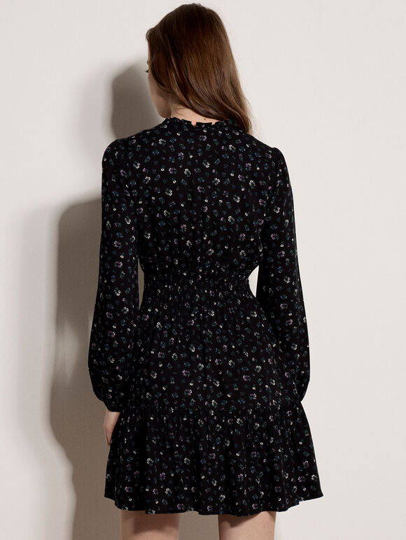 Floral Ruffle Mini Dress, Black, large