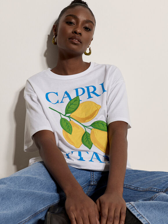 Capri Italy Lemon Cotton T-Shirt, White, large