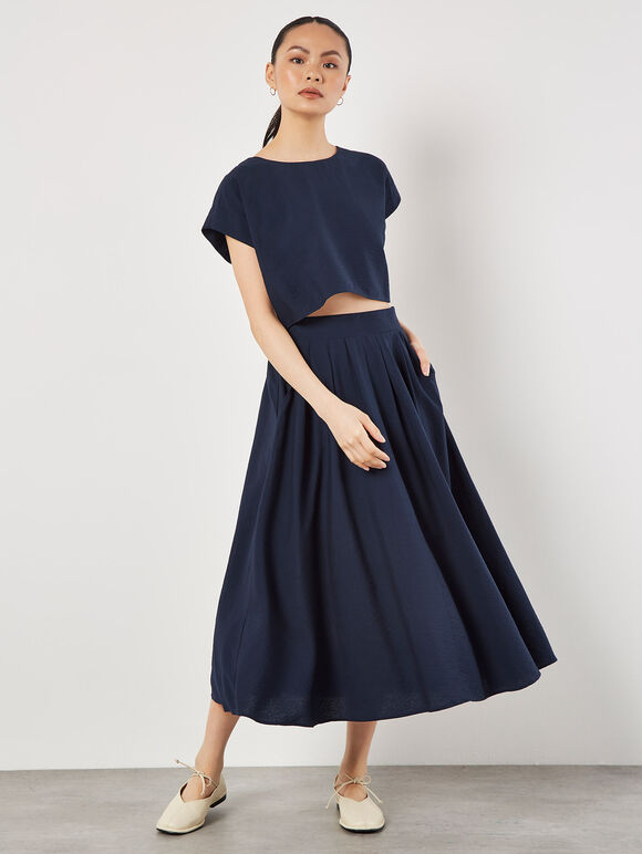 Slub Pleat A-Line Midi Skirt, Navy, large