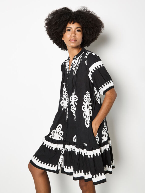 Baroque Print Shirt Mini Dress, Black, large